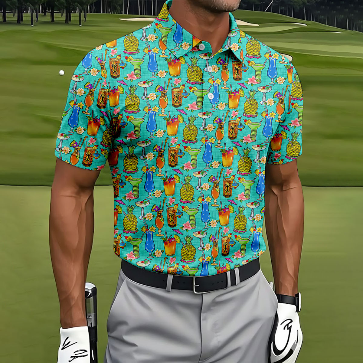Tropical Cocktail Summer Vibe Retro Golf Shirt, Golf Tops For Men, Polo ShirtFor Men, Golf Shirts For Men
