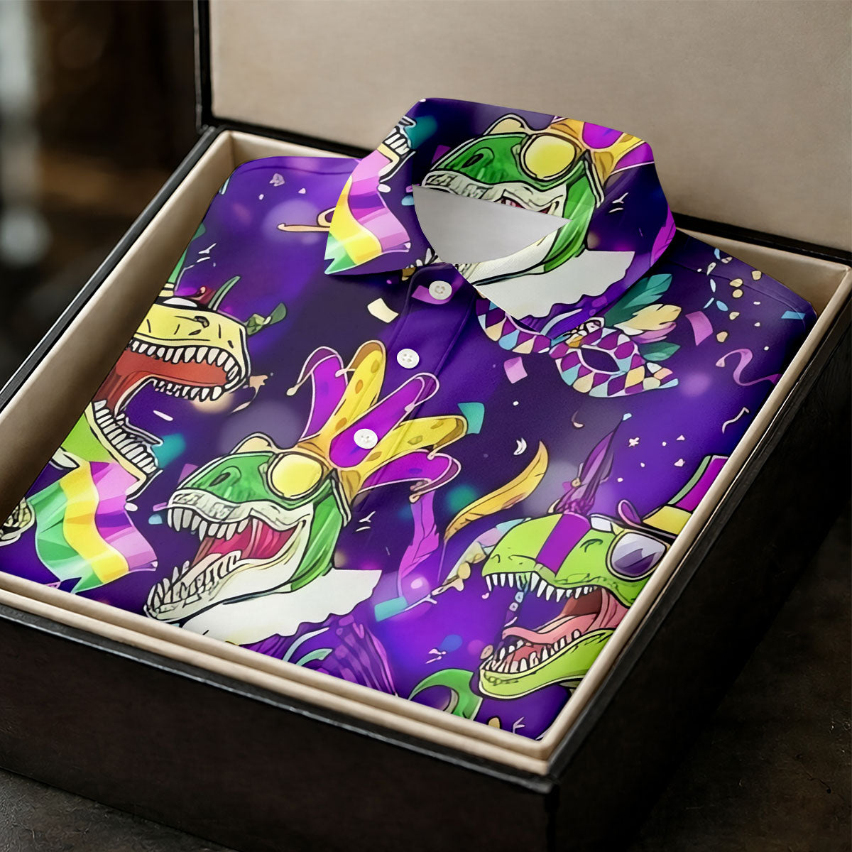 Mardi Grawr Purple Green Gold Funny Dinosaur Mardi Gras Golf Shirt, Golf Shirts For Men, Polo ShirtFor Men