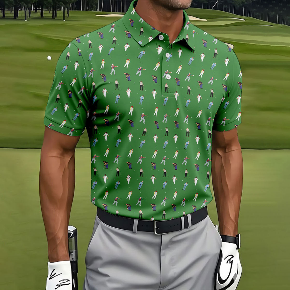 Sports Comedy Characters Golf Pose Green Golf Shirt, Golf Shirts For Men, Polo ShirtFor Men