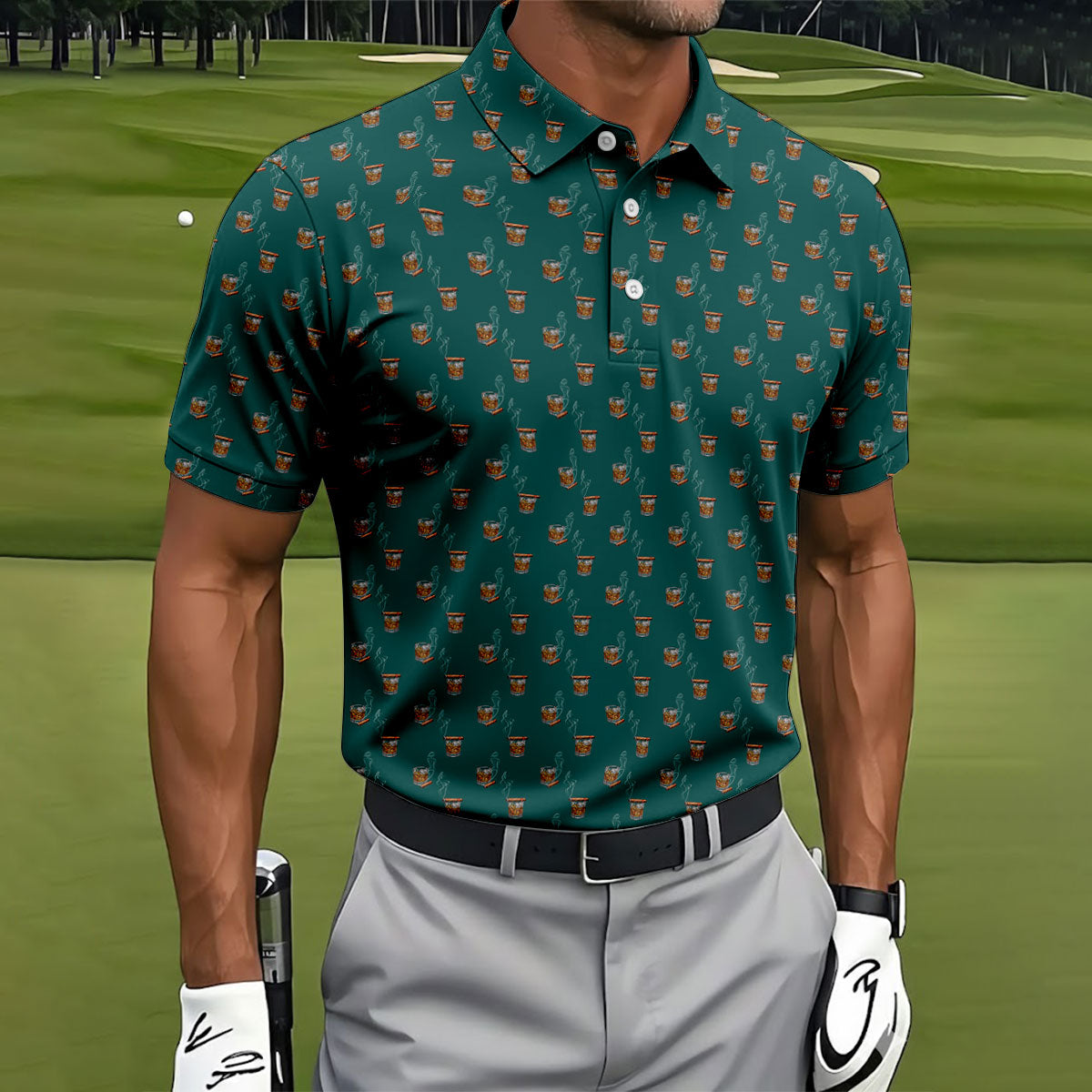 Smoke Whiskey Green Golf Shirt, Golf Whiskey Polo ShirtFor Men, Golf Shirts For Men