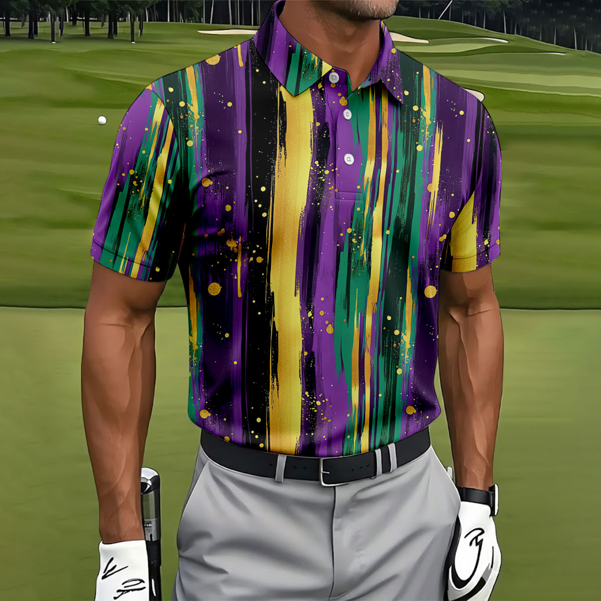 Green Purple Gold Splatter Effect Mardi Gras Golf Shirt, Polo ShirtFor Men, Golf Shirts For Men