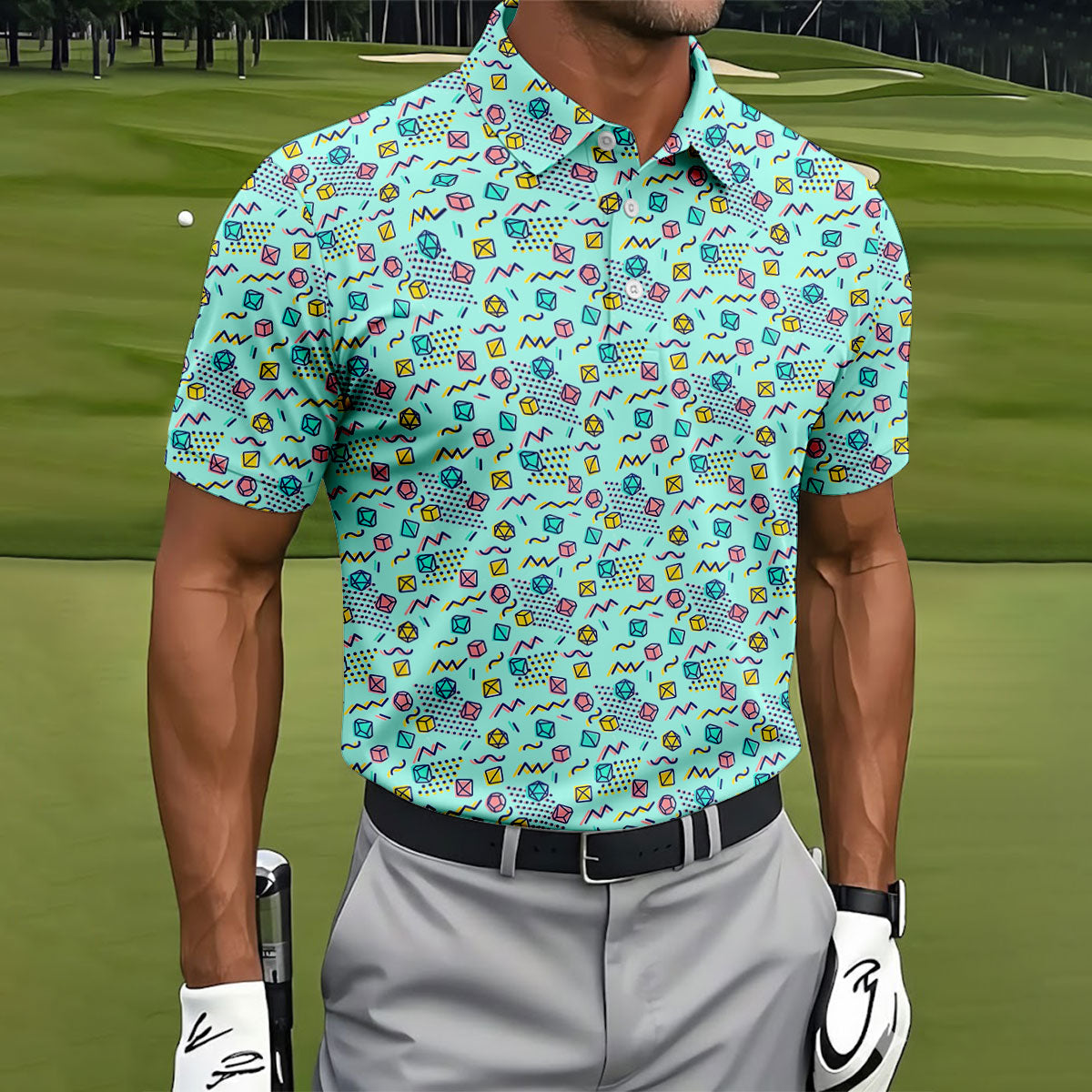 90s Dice Memphis Style Light Mint Green Cute Golf Shirt, Polo ShirtFor Men, Golf Shirts For Men