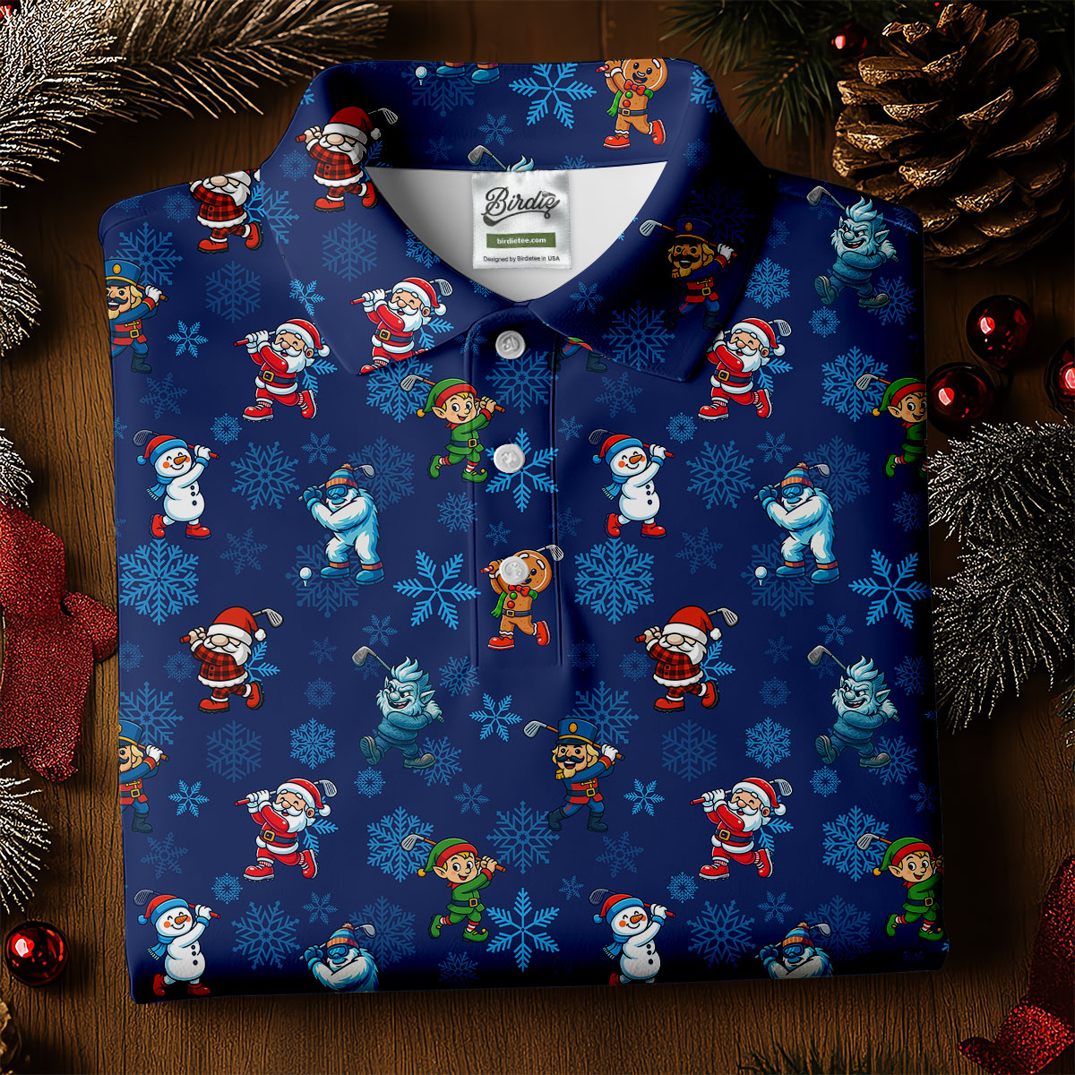 Funny Christmas Characters Golf Pose Navy Golf Shirt, Christmas Golf Shirt, Polo ShirtFor Men