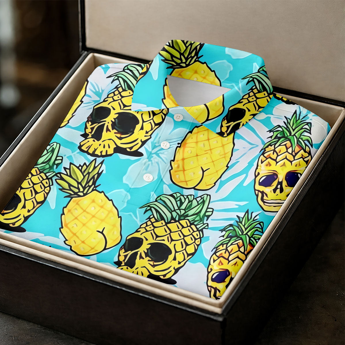 Tropical Pineapple Skull Pattern Golf Shirt, Mens Golf Shirts, Hawaiian Golf Shirt, Golf Apparel For Men