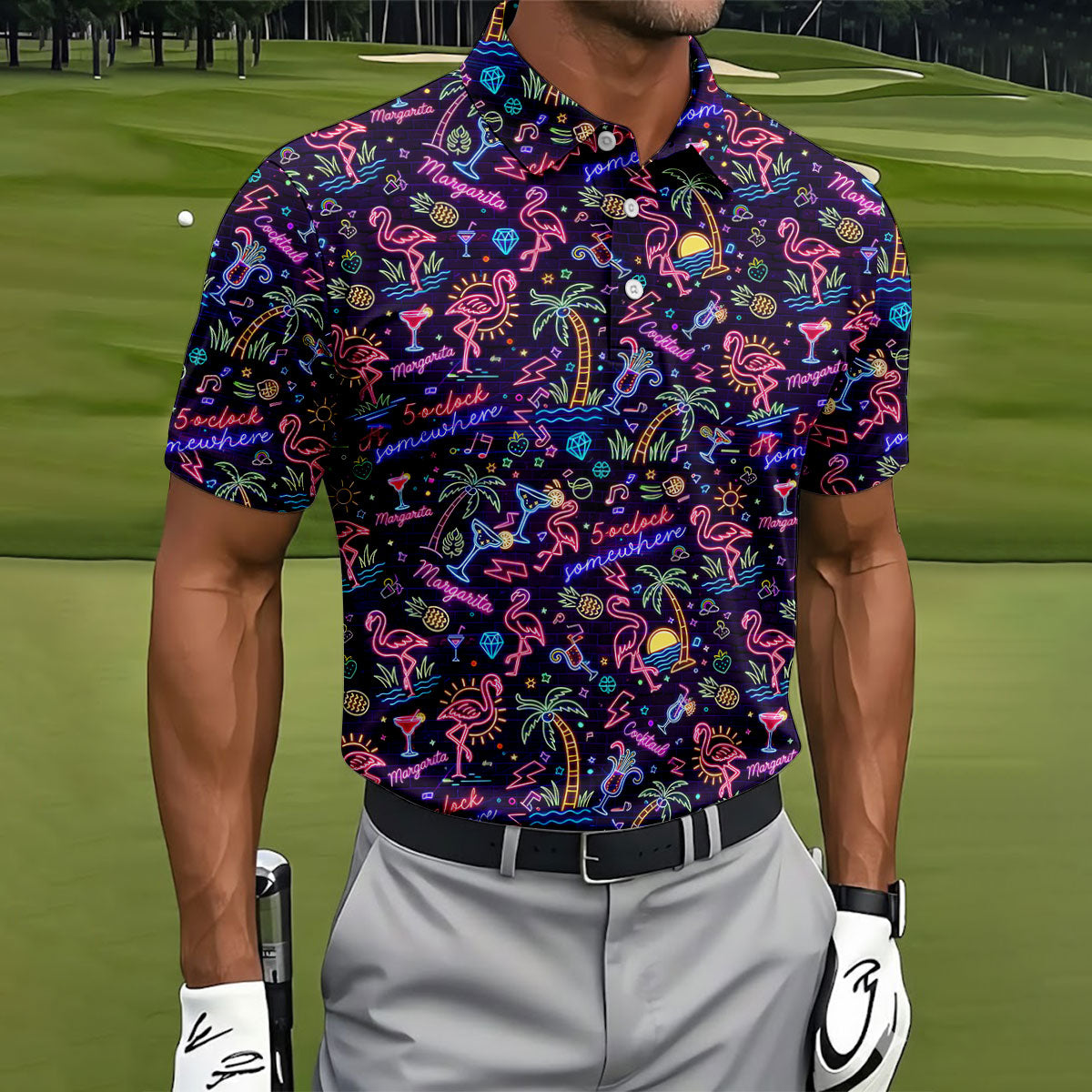 Tropical Theme Neon Pattern Black Golf Shirt, Men's Funny Golf Shirts, Polo ShirtFor Men