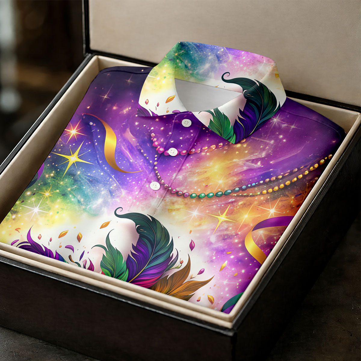 Carnival Mask Feather Print Purple Green Gold Dazzling Effect Mardi Gras Polo ShirtFor Men, Golf Shirts For Men