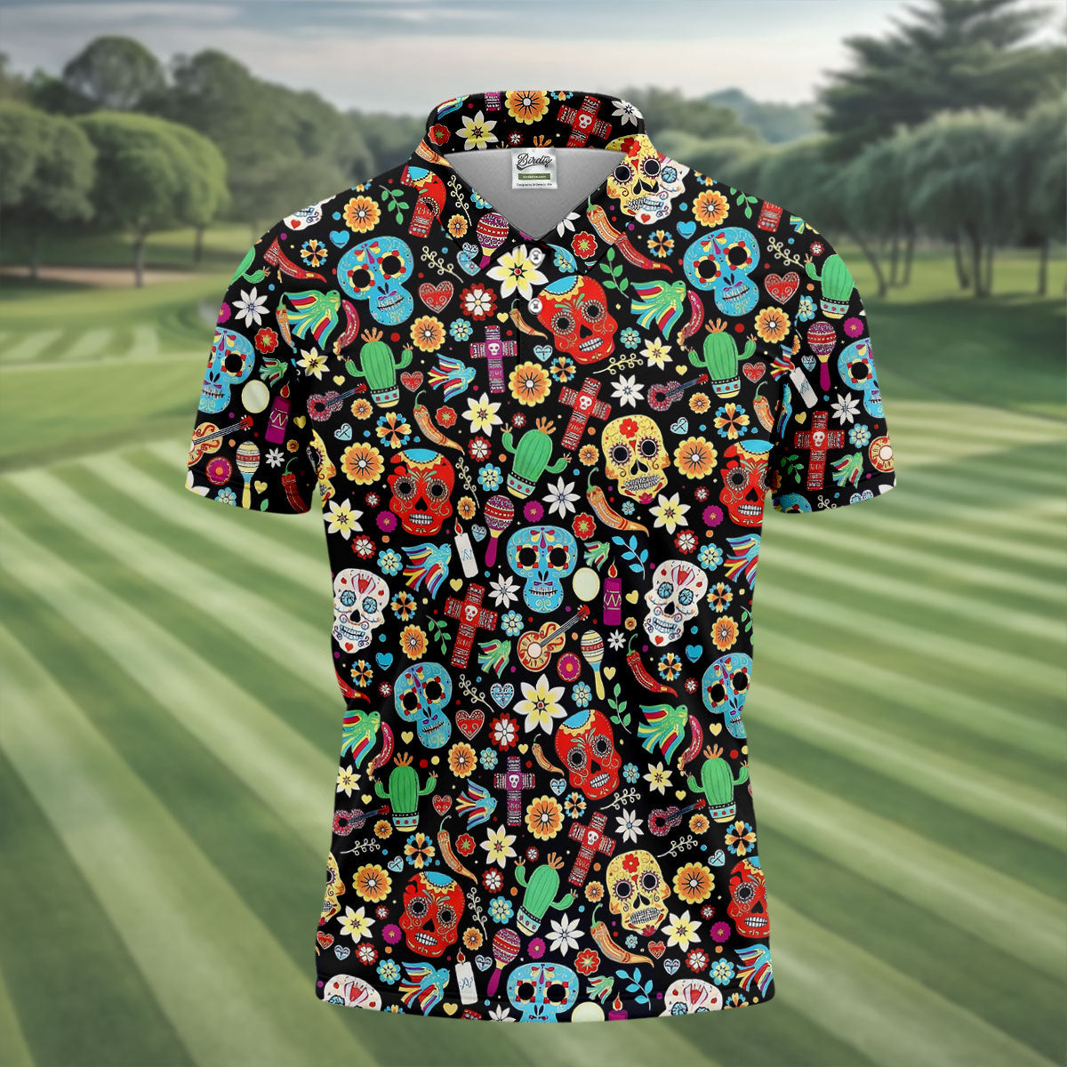 Skull With Flowers Cinco De Mayo Celebration Fiesta Themed Golf Tops For Men, Golf Shirts For Men