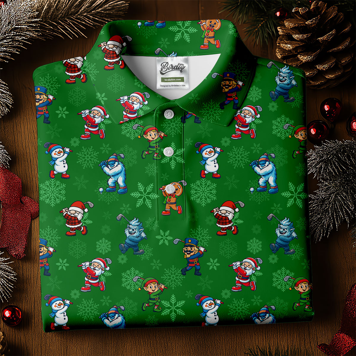 Funny Christmas Characters Golf Pose Green Golf Shirt, Christmas Golf Shirt, Polo ShirtFor Men