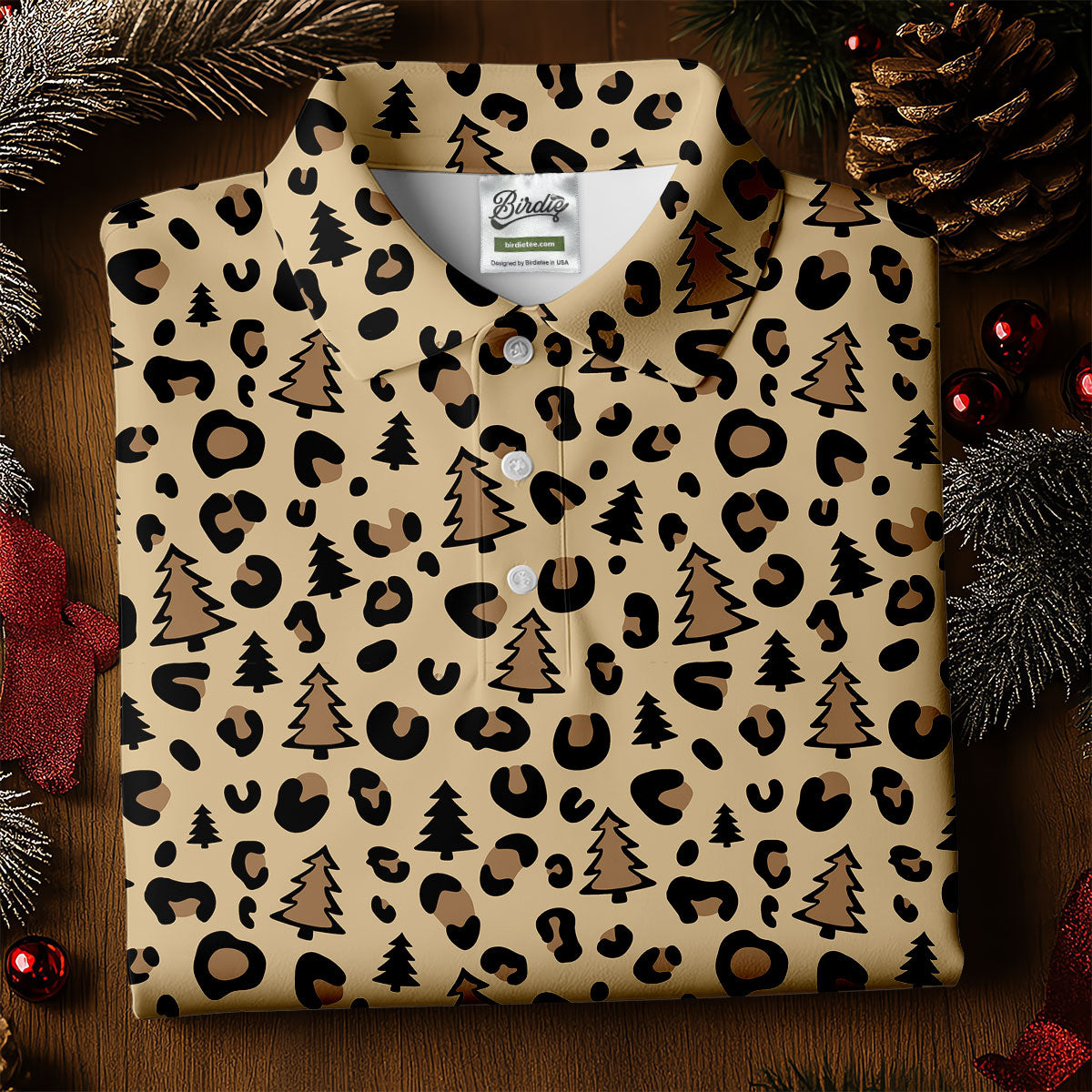 Xmas Pine Tree Leopard Pattern Brown Golf Shirt, Christmas Golf Shirt, Cute Golf Outfit, Polo ShirtFor Men