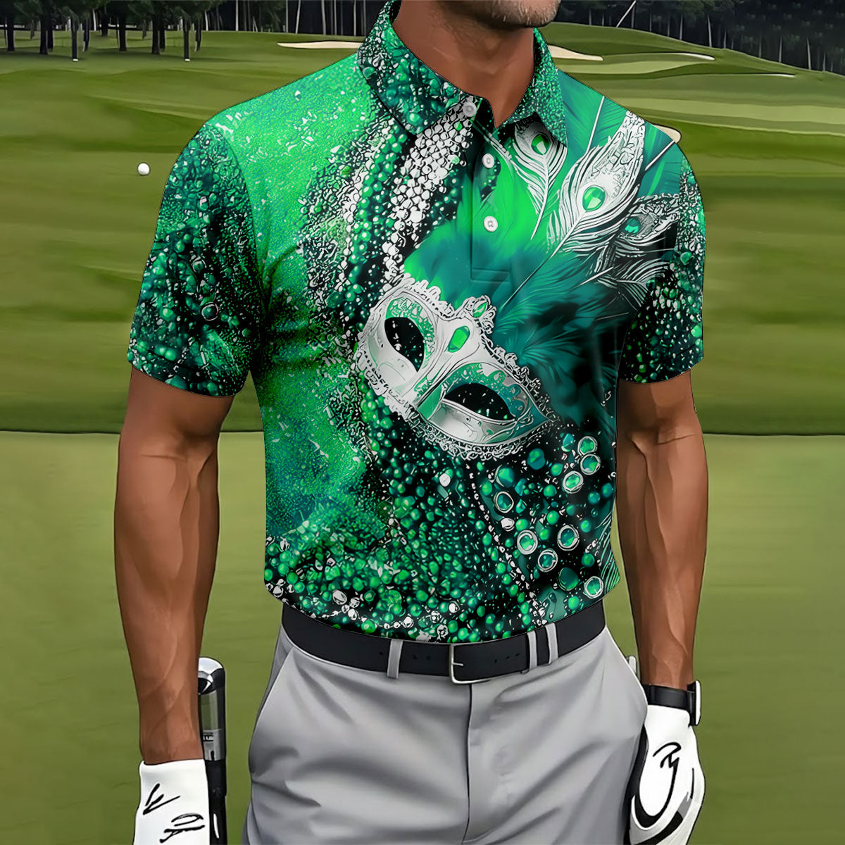 Mardi Gras Masquerade Mask Feather Beads Green Golf Shirt, Polo ShirtFor Men, Golf Shirts For Men
