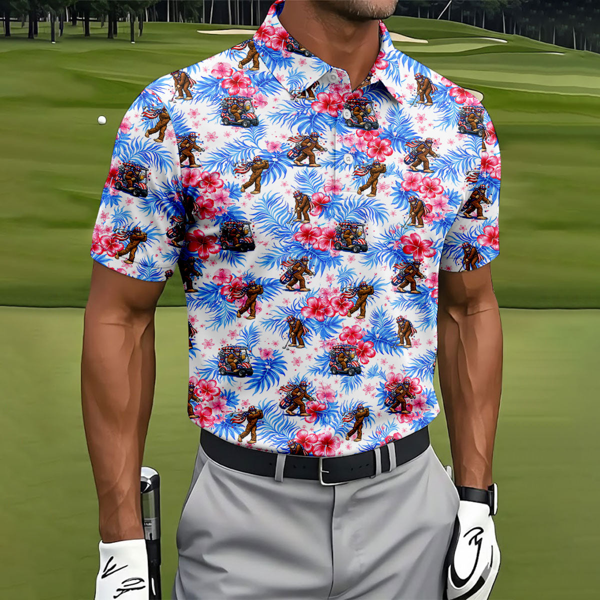 Funny Bigfoot Golf Pose 4th Of July Tropical Vibe Golf Shirts For Men, 250th Anniversary Patriotic Golf Shirt