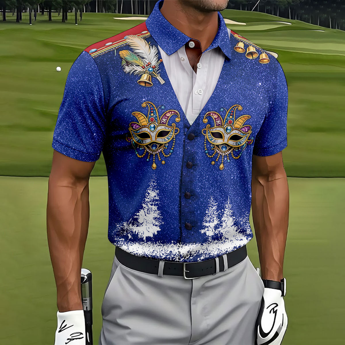 Masquerade Mask Feather Mardi Gras Glitter Print Blue Golf Shirt, Polo ShirtFor Men, Golf Shirts For Men