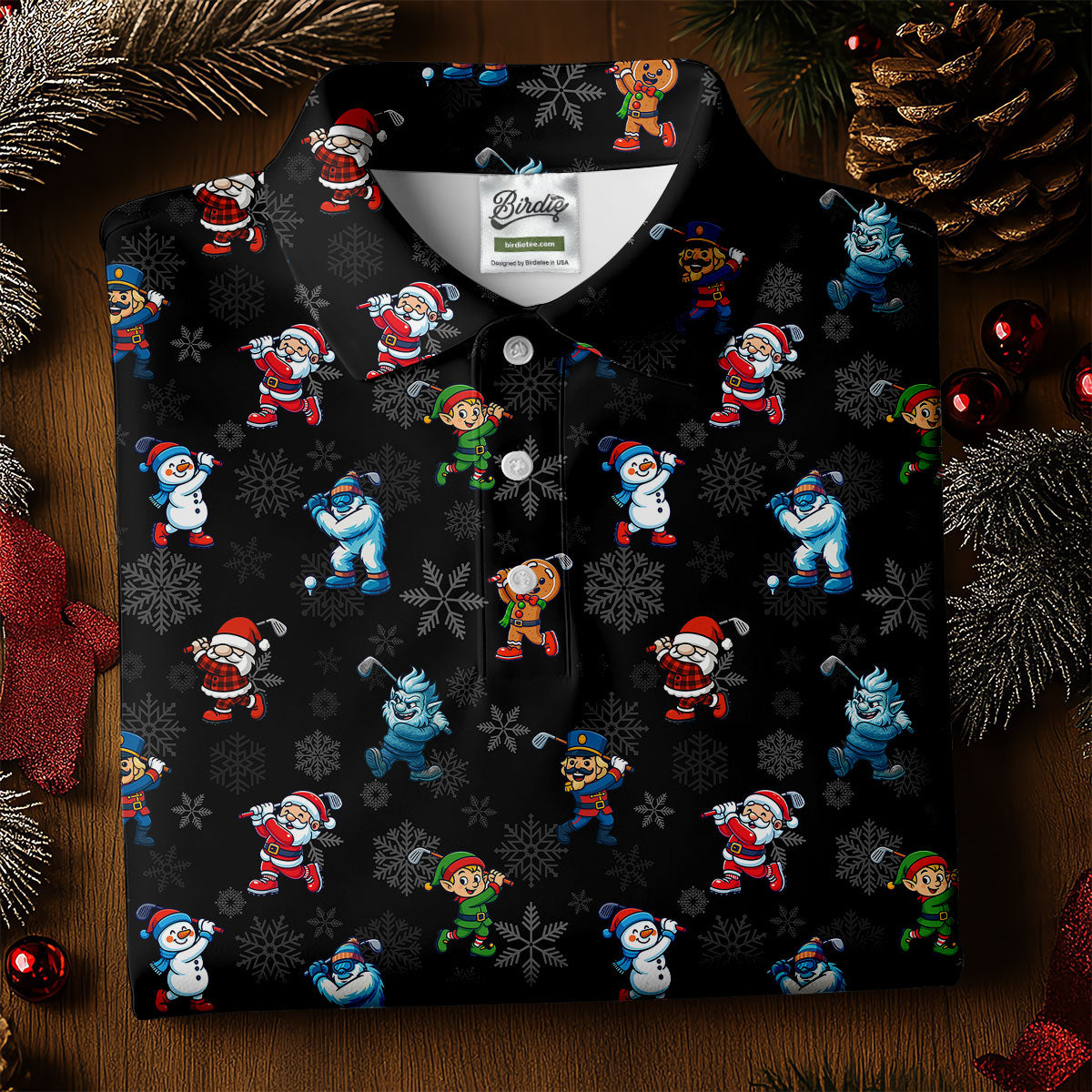 Funny Christmas Characters Golf Pose Black Golf Shirt, Christmas Golf Shirt, Polo ShirtFor Men