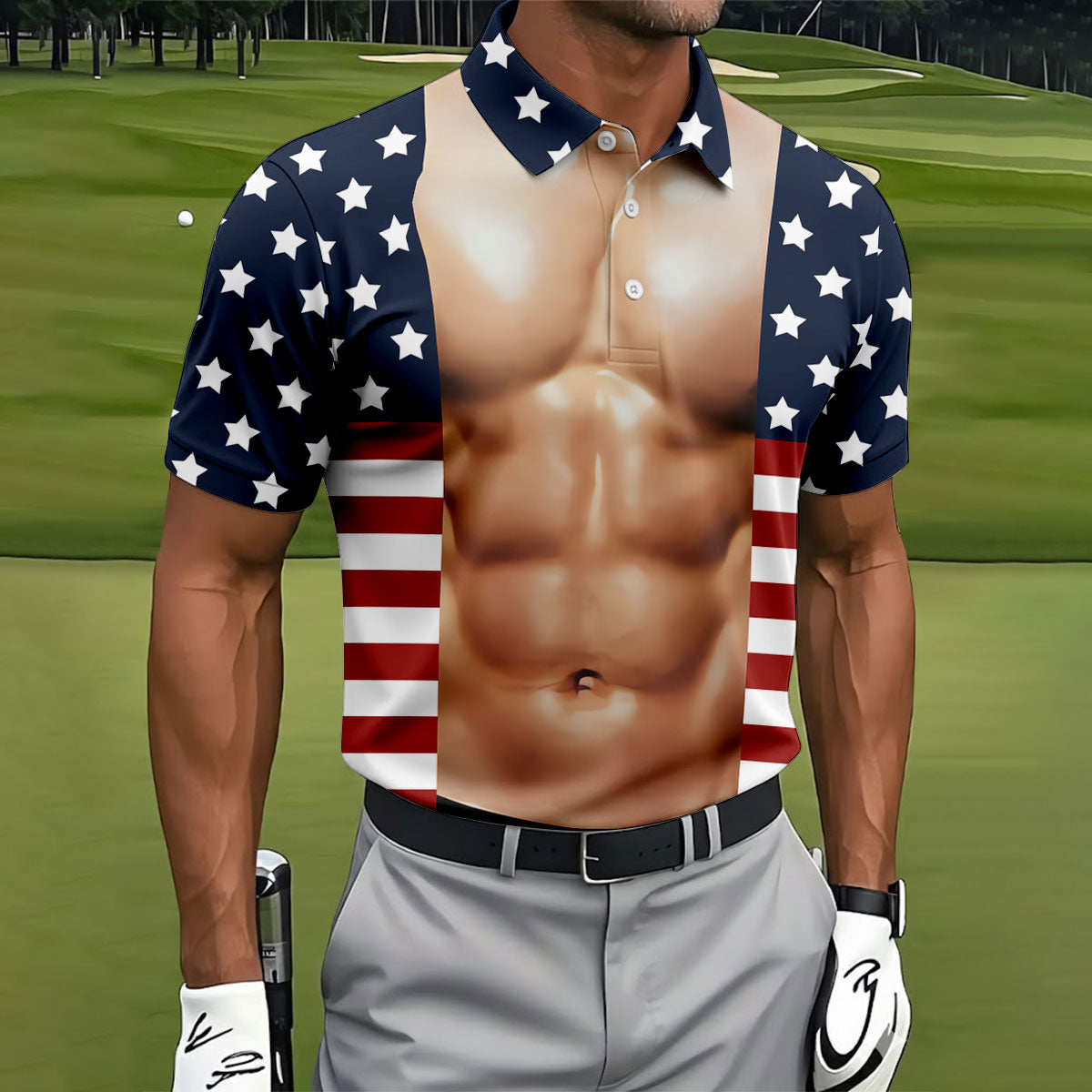 American Flag Pattern Men's Funny Golf Shirts, 250th Anniversary Performance Golf Shirt, Polo Shirt Men