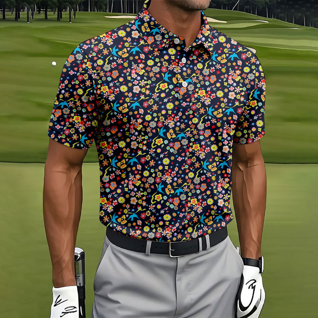 Colorful Floral Bird Garden Golf Shirt, Mens Golf Polo, Printed Golf Shirts