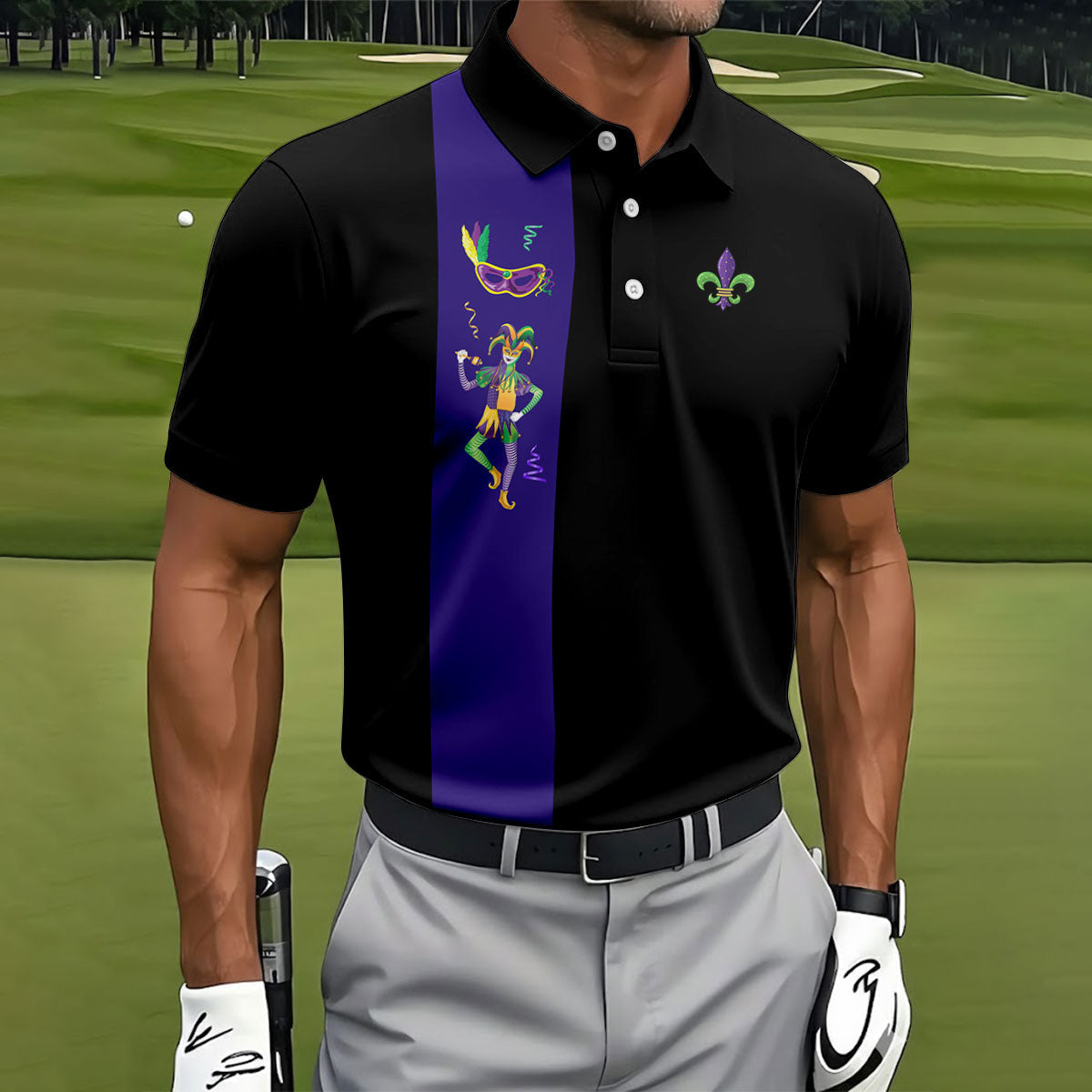 Mardi Gras Festival Jester Figure Fleur De Lis Symbol Black Golf Shirt, Polo ShirtFor Men, Golf Shirts For Men