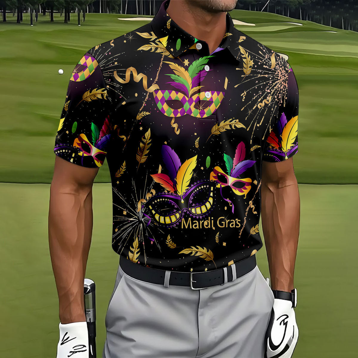 Gold Ribbons Mardi Gras Masquerade Mask Golf Tops For Men, Polo ShirtFor Men, Golf Shirts For Men