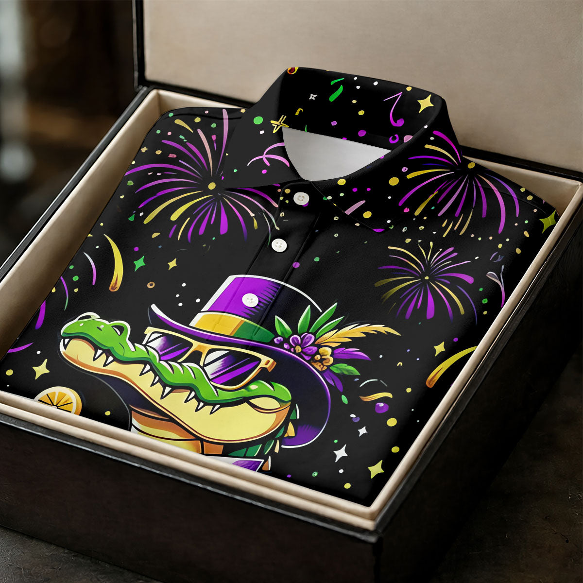 Mardi Gras Aligator Purple Green Gold Confetti Star Golf Tops For Men, Polo ShirtFor Men, Golf Shirts For Men