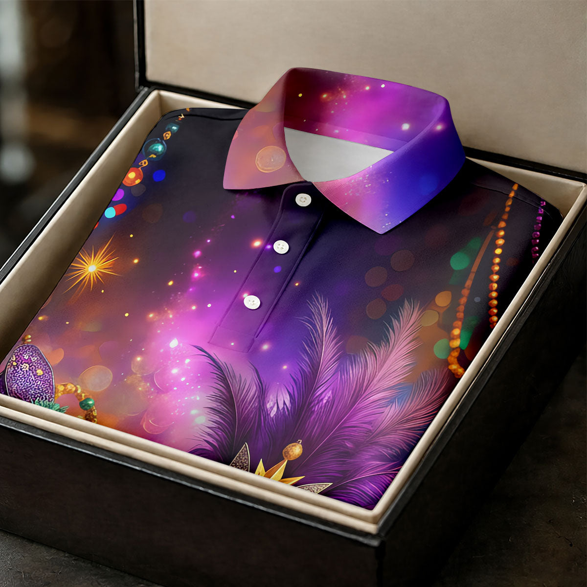 Carnival Mask Beads Chain Bokeh Effect Mardi Gras Golf Shirt, Women's Golf Tops, Ladies Golf Polos