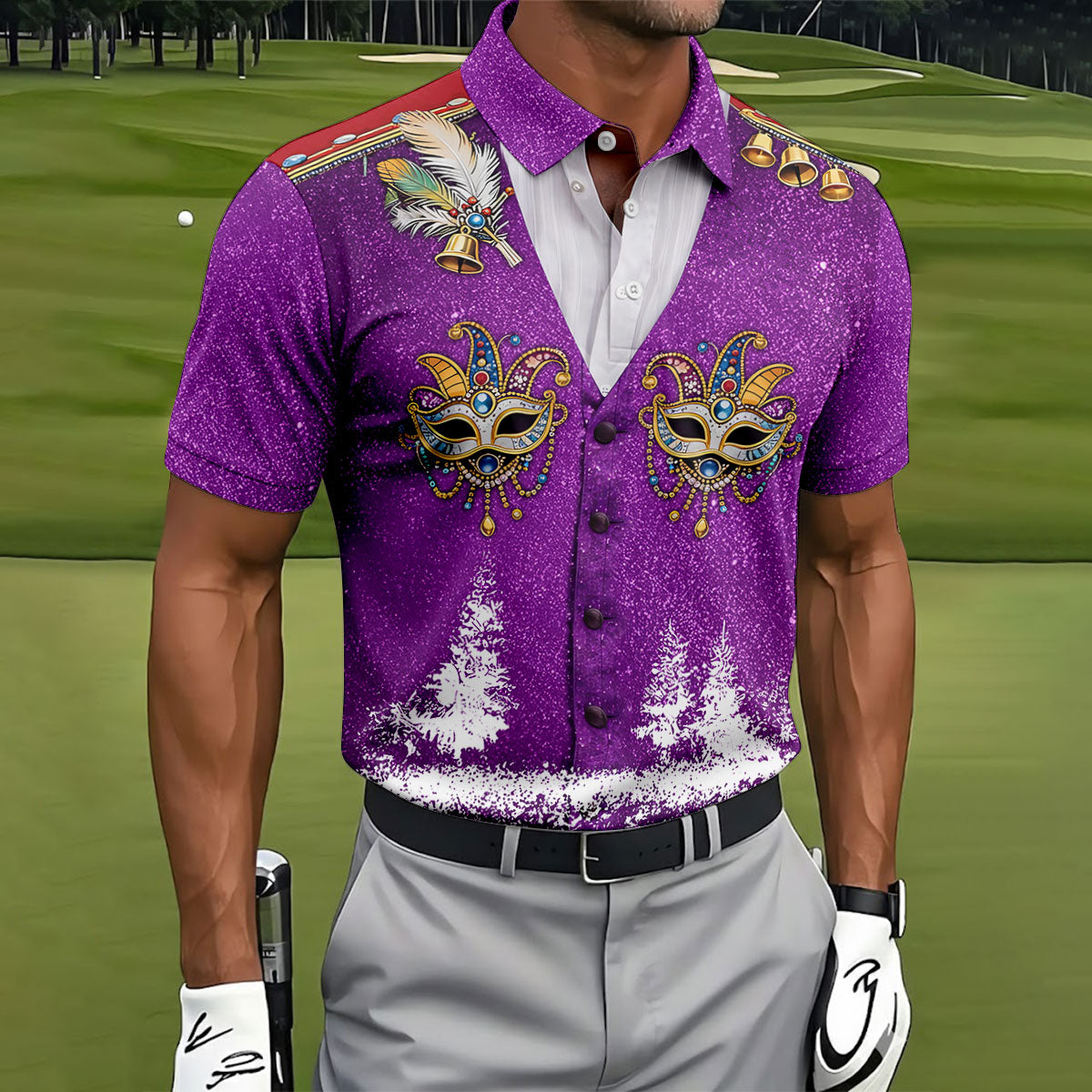 Masquerade Mask Feather Mardi Gras Glitter Print Purple Golf Shirt, Polo ShirtFor Men, Golf Shirts For Men