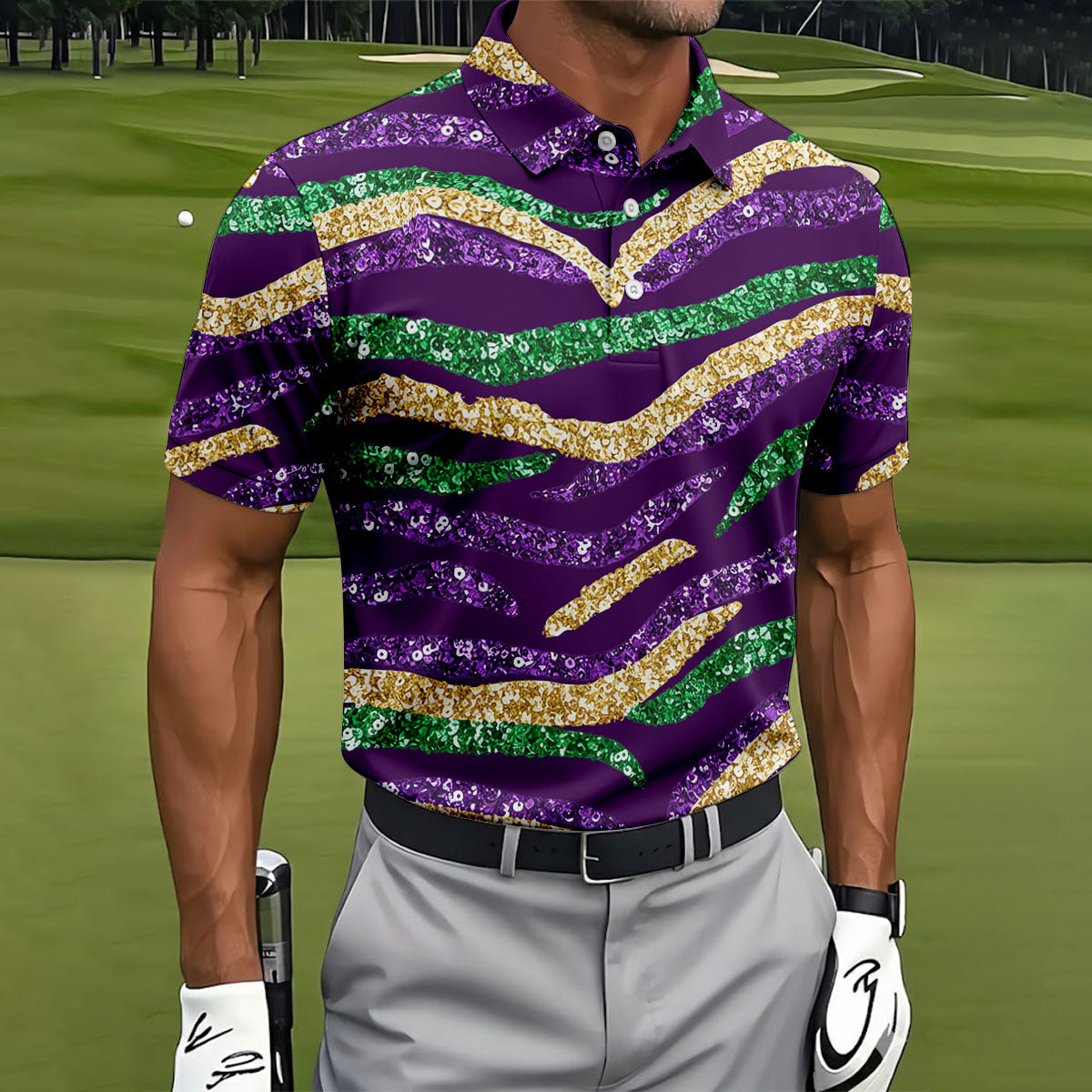 Purple Green Gold Sequin Pattern Purple Golf Shirt, Mardi Gras Golf Shirt, Polo ShirtFor Men