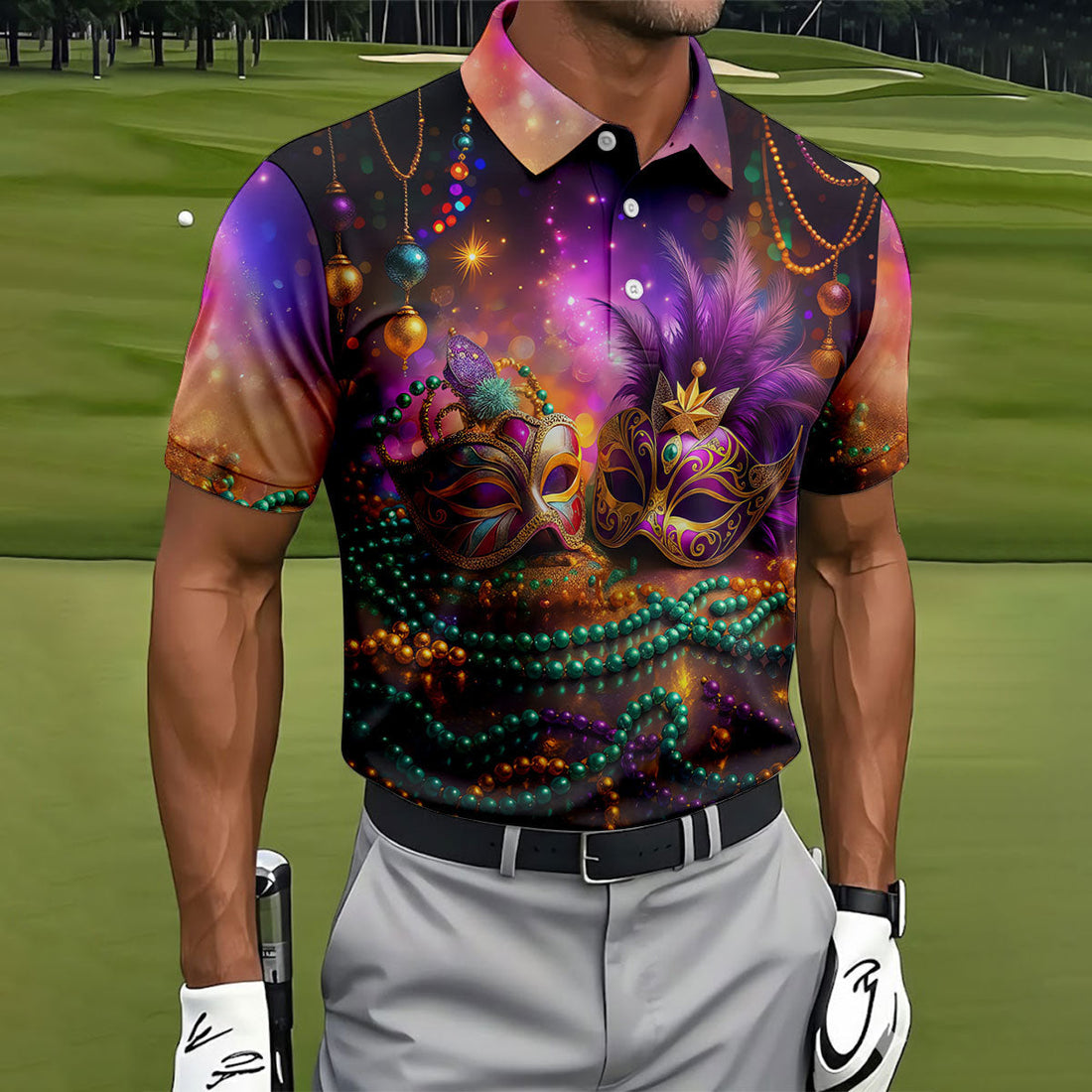 Carnival Mask Beads Chain Bokeh Effect Mardi Gras Golf Shirt, Polo ShirtFor Men, Golf Shirts For Men