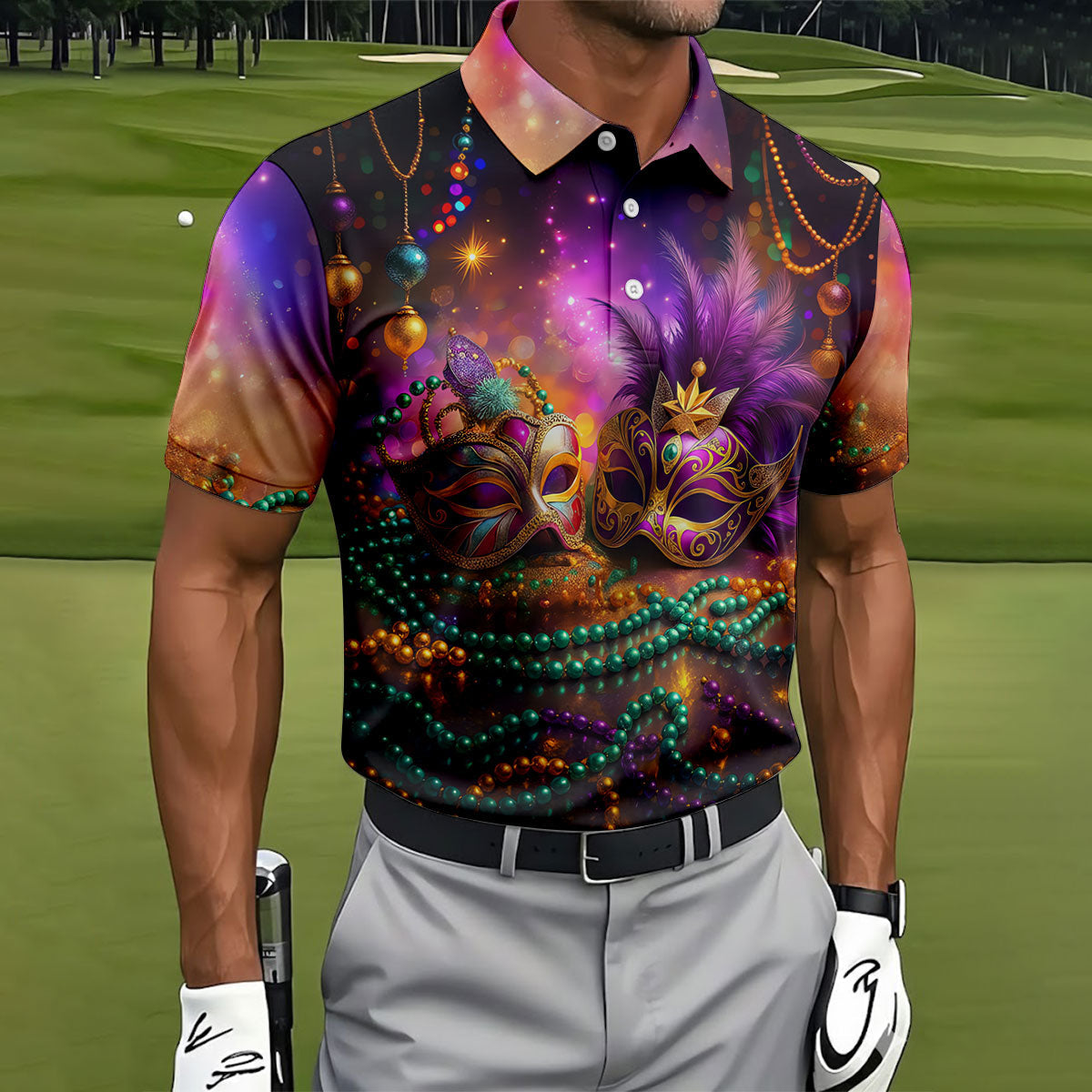 Carnival Mask Beads Chain Bokeh Effect Mardi Gras Golf Shirt, Polo ShirtFor Men, Golf Shirts For Men