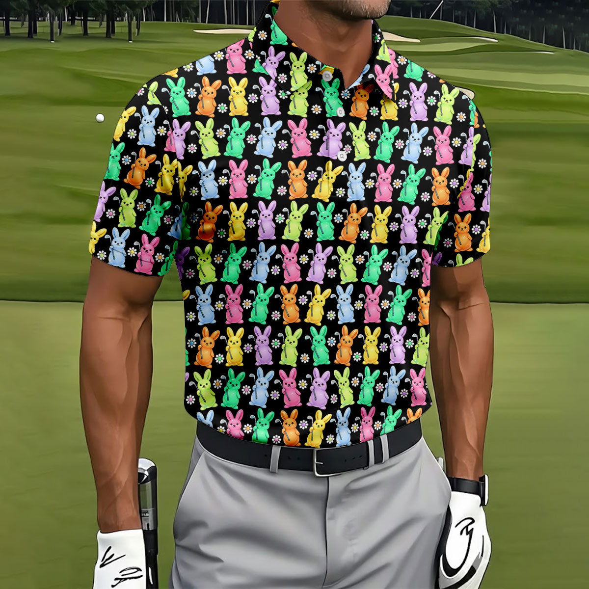Colorful Easter Bunny Black Golf Shirt, Cute Golf Outfit, Golf Shirts For Men, Golf Gift For Men