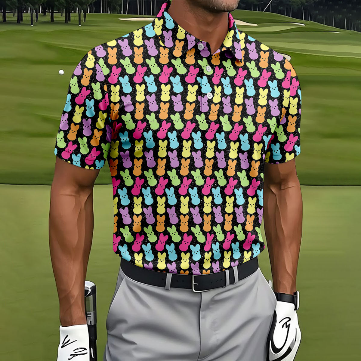 Colorful Easter Peeps Black Golf Shirt, Golf Shirts For Men, Cute Golf Outfit, Polo ShirtFor Men