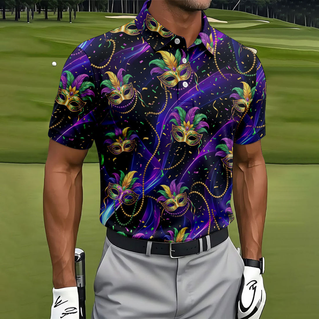 Mardi Gras Carnival Mask Neon Purple Black Golf Shirt, Men's Golf Polo Shirt Golf Shirts For Men