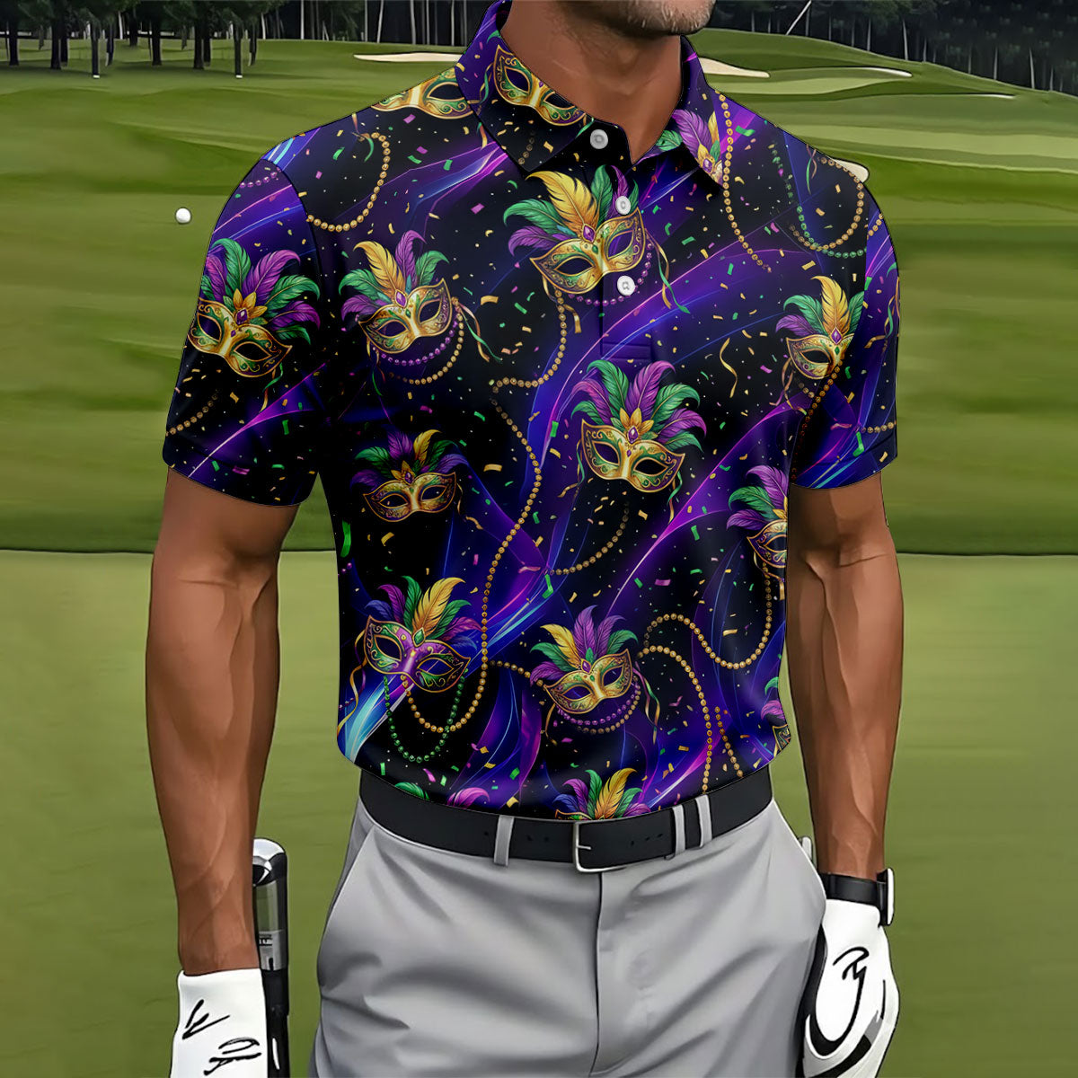 Mardi Gras Carnival Mask Neon Purple Black Golf Shirt, Men's Golf Polo Shirt Golf Shirts For Men