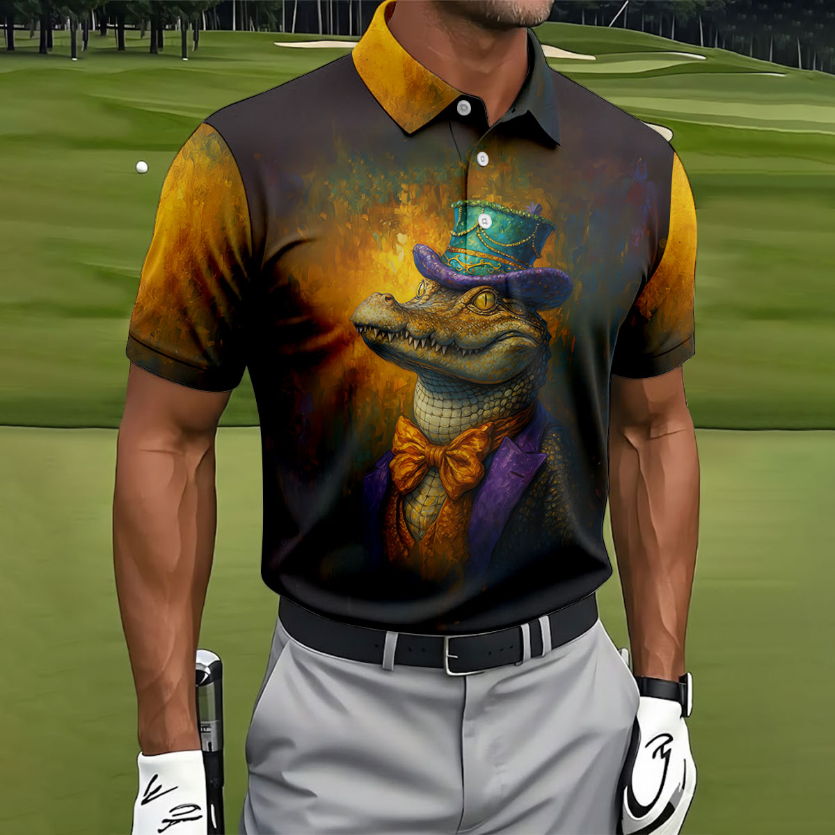 Mardi Gras Aligator Retro Golf Shirt, Golf Tops For Men, Polo ShirtFor Men, Golf Shirts For Men