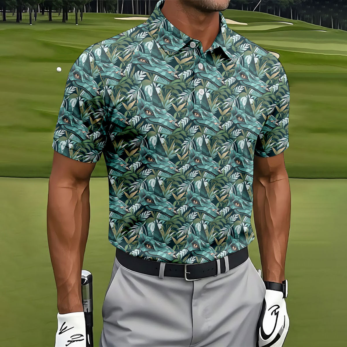Dinosaur Head Tropical Vibe Golf Tops For Men, Polo ShirtFor Men, Golf Shirts For Men