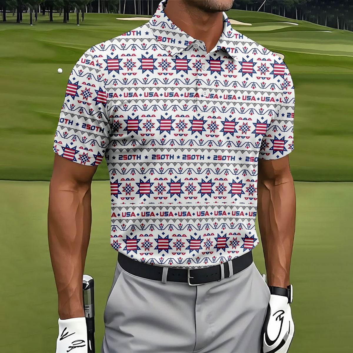 Red White Blue Ohio Star Quilt Pattern 4th Of July Golf Shirts For Men, 250th Anniversary Patriotic Golf Shirt