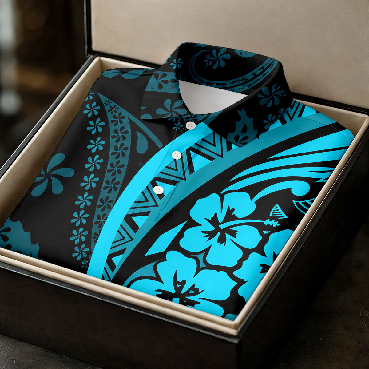 Island Tribal Golf Shirt, Blue Hawaiian Hibiscus Polo, Polo Shirts For Men