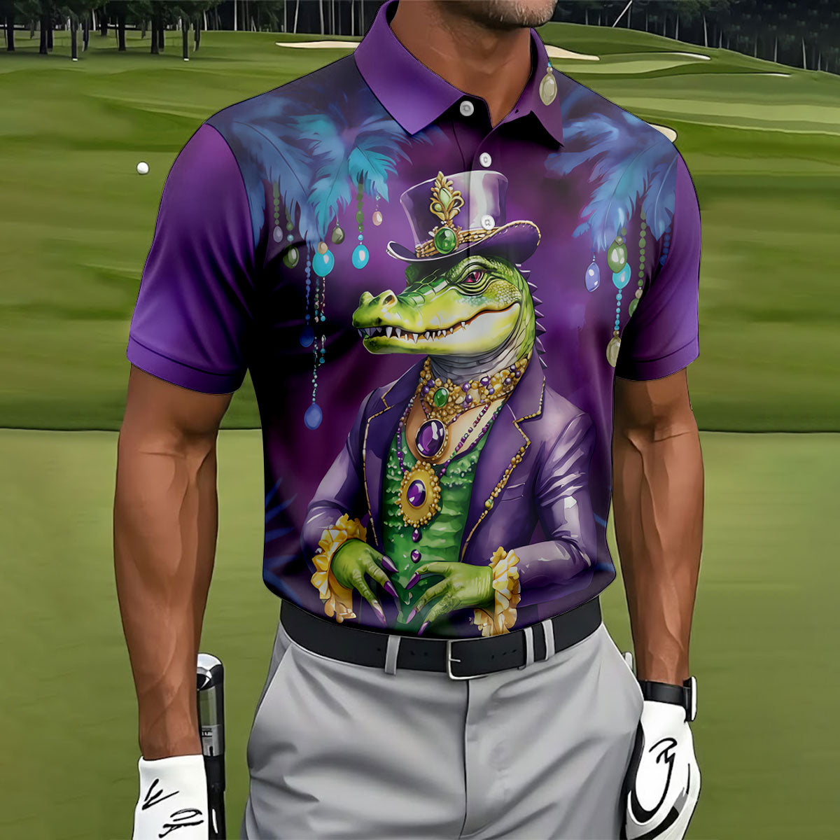 Mardi Gras Alligator Purple Golf Shirt, Men's Funny Golf Shirts, Polo ShirtFor Men, Golf Shirts For Men