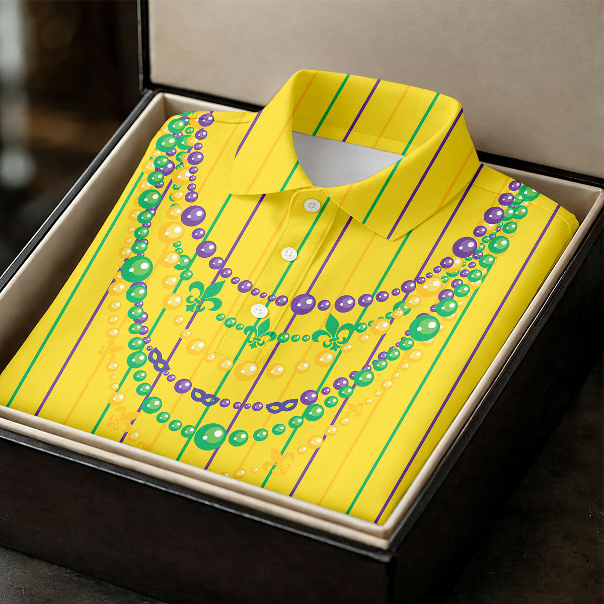 Mardi Gras Beads Necklaces Print Yellow Golf Shirt, Golf Tops For Men, Polo ShirtFor Men, Golf Shirts For Men