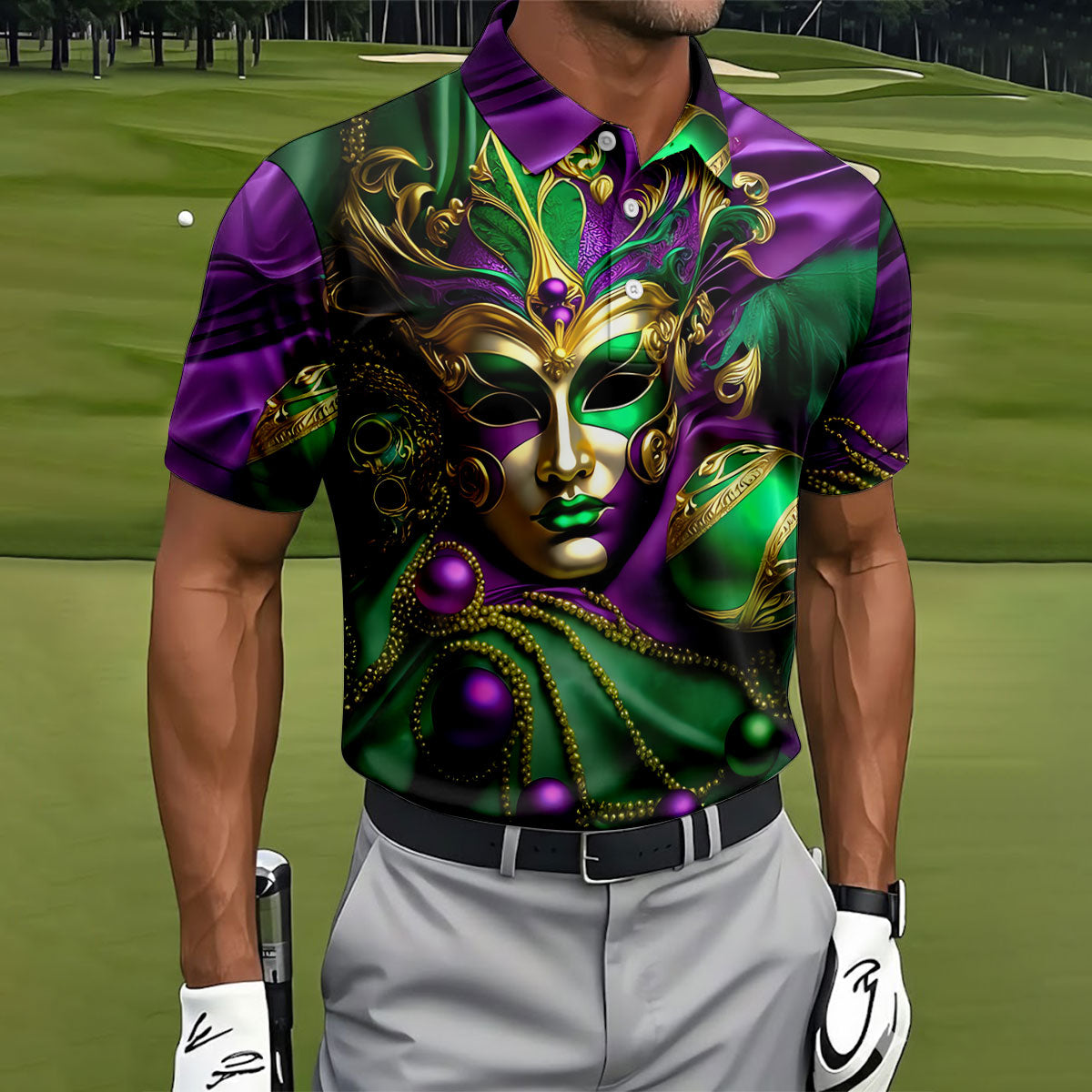 Mardi Gras Face Mask Purple Green Gold Polo ShirtFor Men, Golf Shirts For Men, Polo For Men