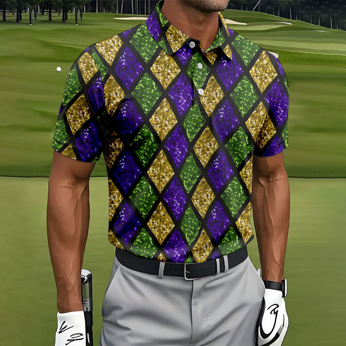 Green Purple Gold Argyle Pattern Sparkling Effect Mardi Gras Golf Shirt, Polo ShirtFor Men, Golf Shirts For Men