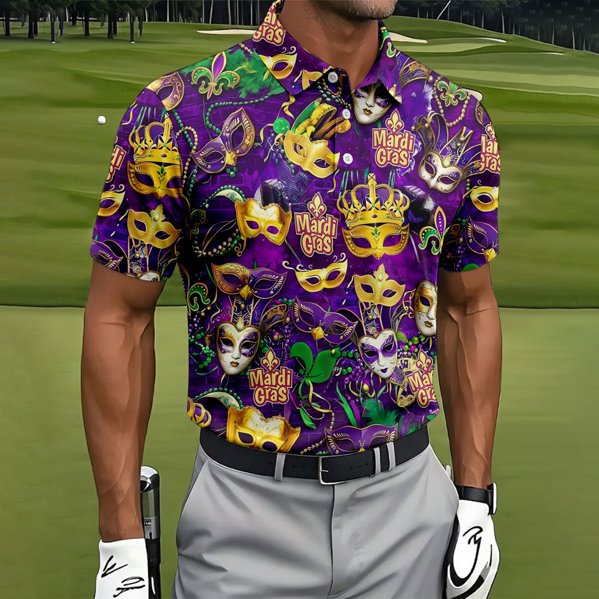 Purple Green Gold Festival Mask Mardi Gras Golf Shirt, Golf Tops For Men, Golf Shirts For Men