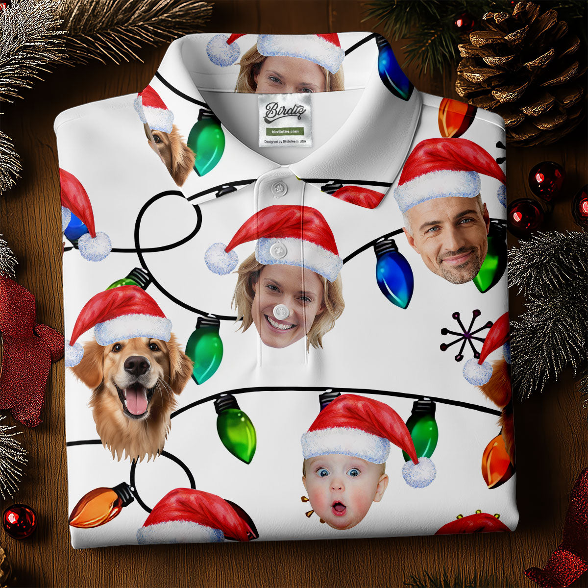 Custom Family Portrait Christmas Lights Pattern Men's Golf Polo Shirtristmas Golf Shirt, Golf Gift For Men