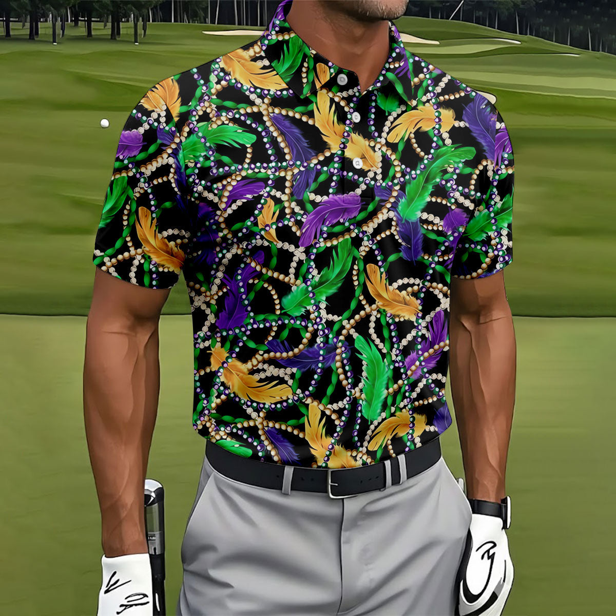 Purple Green Gold Feather Beads Mardi Gras Golf Shirt, Polo ShirtFor Men, Golf Shirts For Men