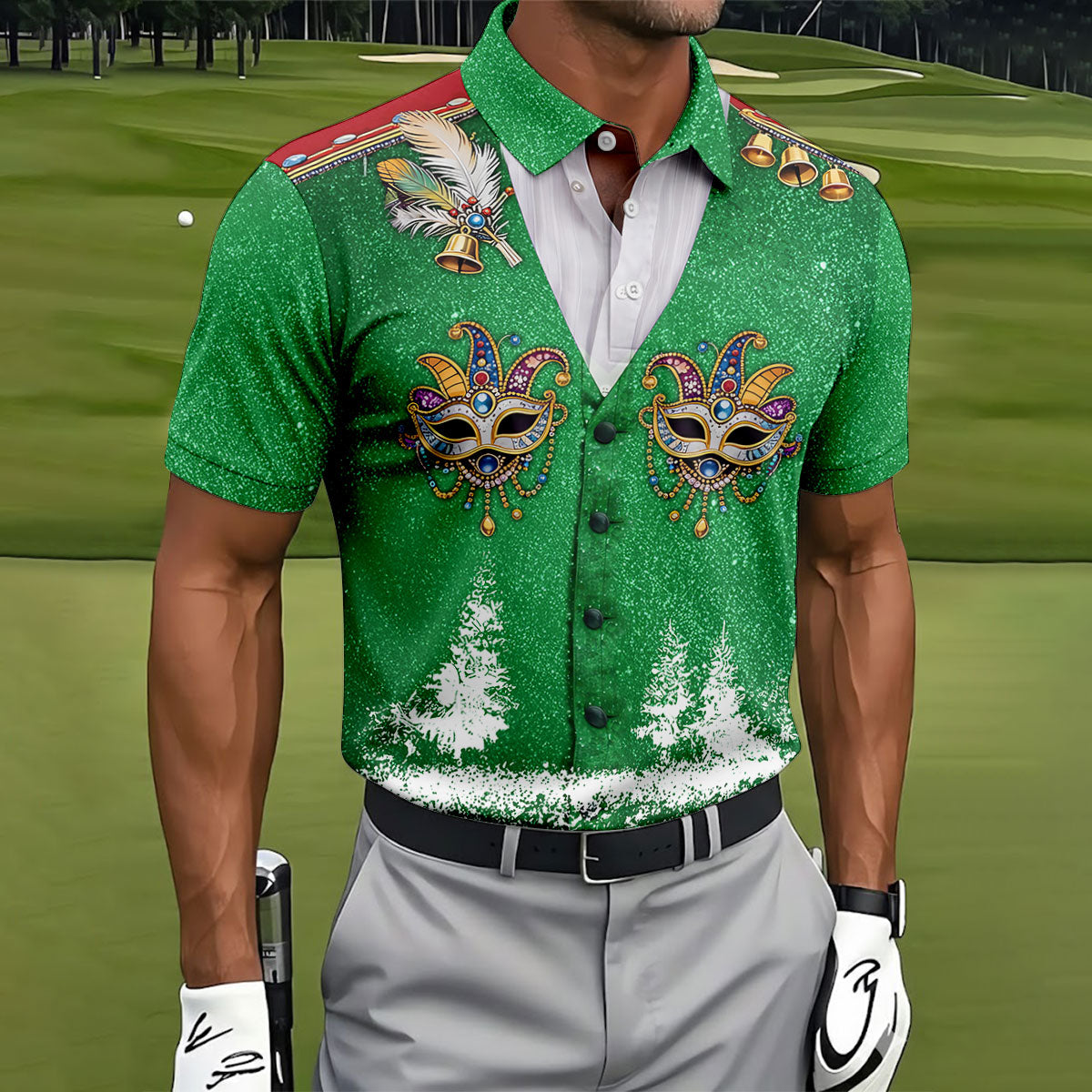 Masquerade Mask Feather Mardi Gras Glitter Print Green Golf Shirt, Polo ShirtFor Men, Golf Shirts For Men