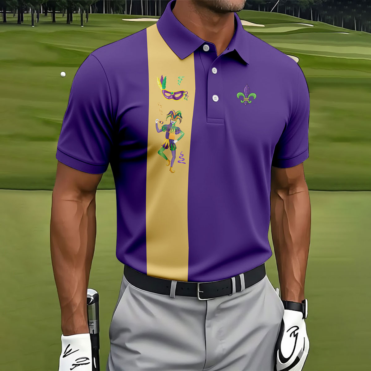 Mardi Gras Festival Jester Figure Fleur De Lis Symbol Purple Golf Shirt, Polo ShirtFor Men, Golf Shirts For Men