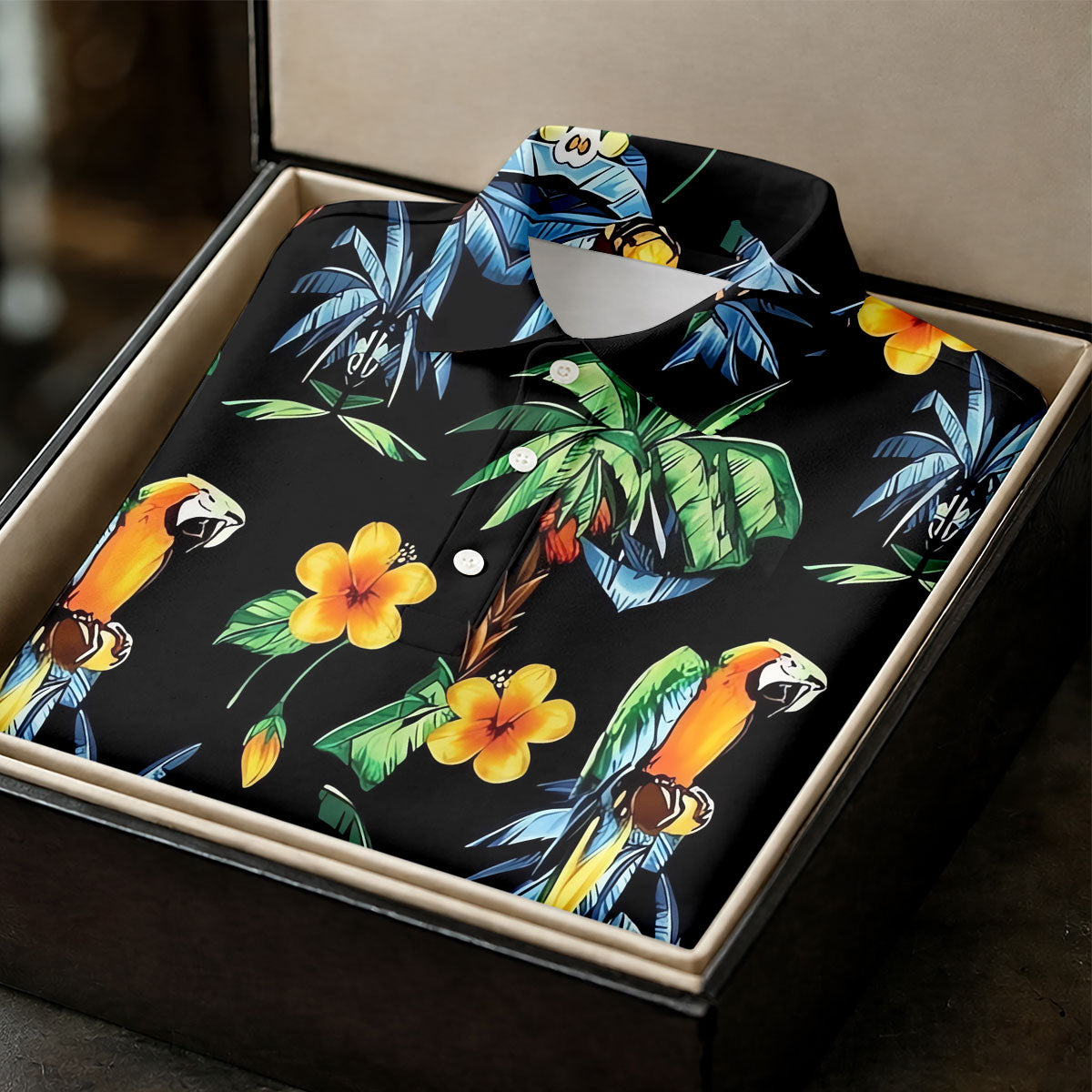 Black Tropical Parrot Palm Flower Pattern Golf Shirt, Men's Golf Shirt, Mens Polo Shirts, Hawaiian Golf Shirt