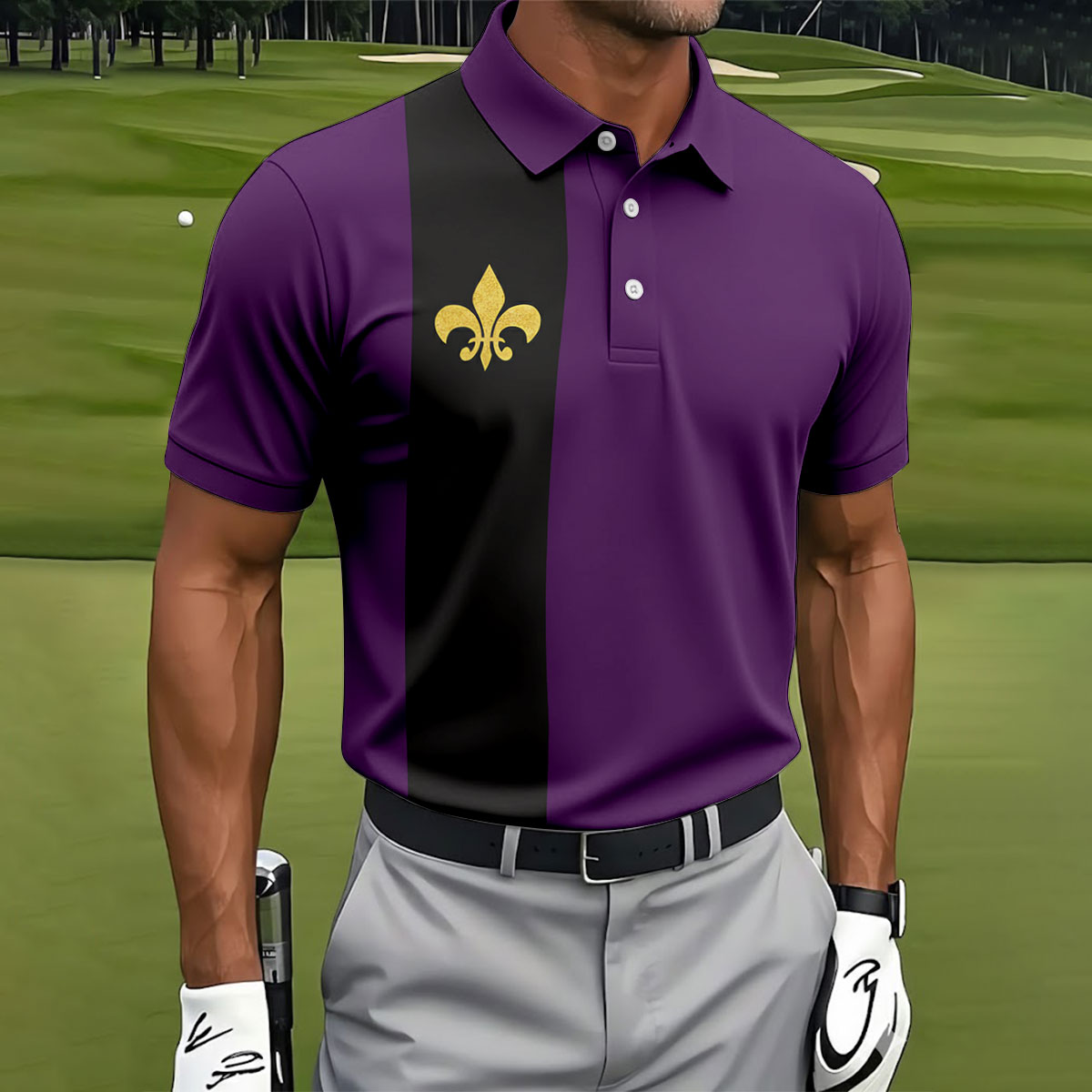 Mardi Gras Fleur De Lis Black Vertical Stripe Purple Golf Shirt, Polo ShirtFor Men, Golf Shirts For Men