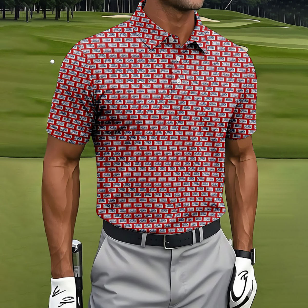 Red New York Assman Pattern Polo Shirt, Mens Golf Apparel, Hawaiian Golf Shirt, Printed Golf Shirts