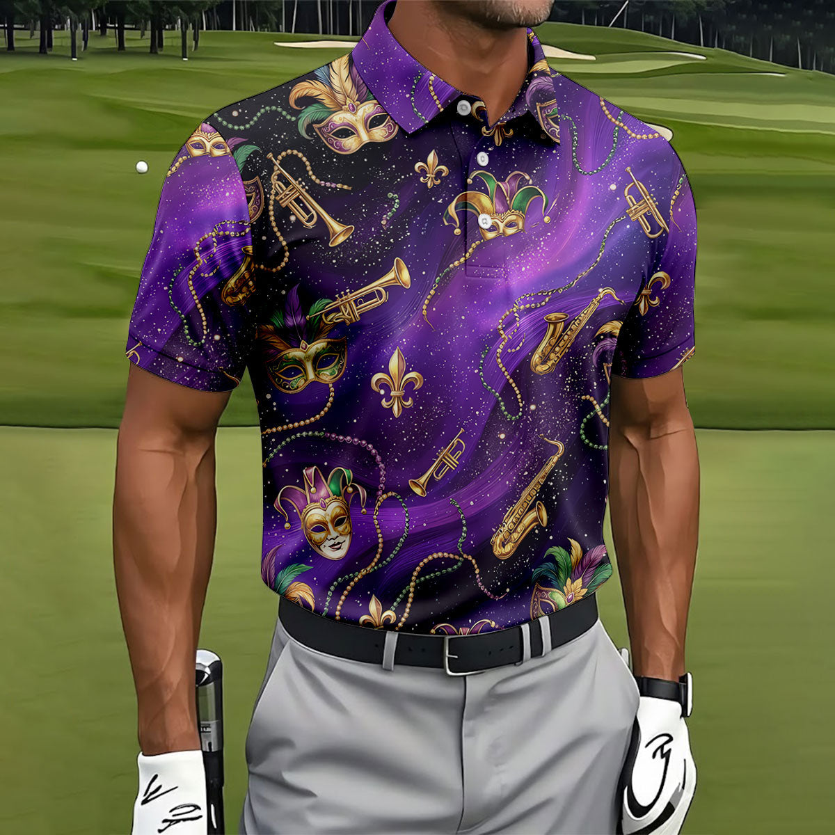 Golden Fleur De Lis Trumpet And Saxophone Mardi Gras Masquerade Mask Purple Golf Shirt, Golf Shirts For Men