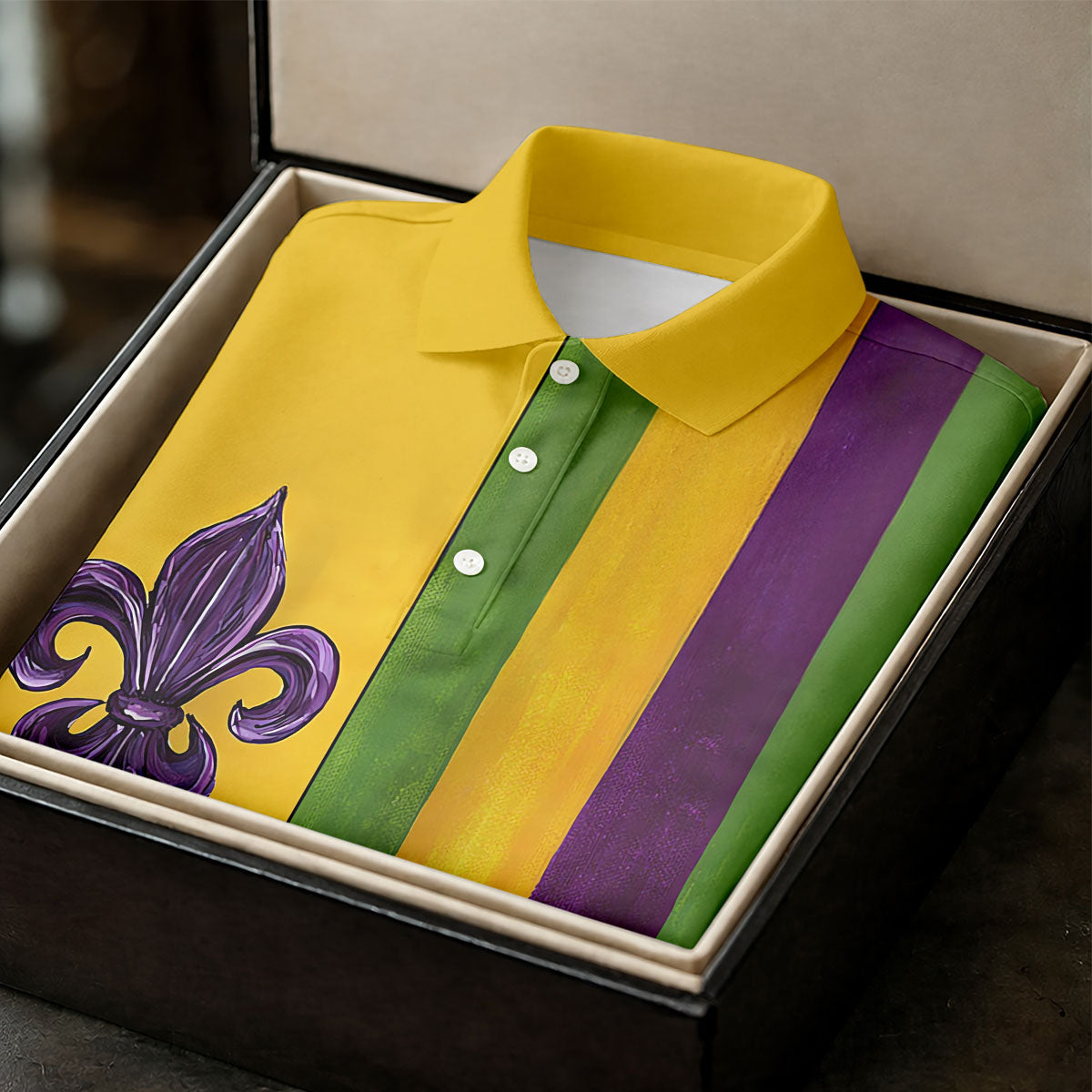 Purple Green Gold Vertical Stripes Fleur De Lis Flower Mardi Gras Golf Shirt, Polo ShirtFor Men, Golf Shirts For Men