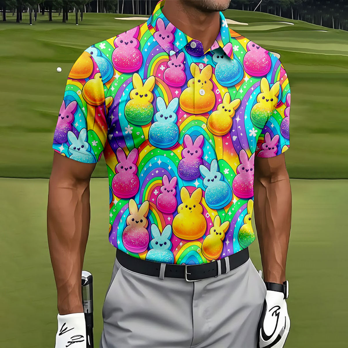 Colorful Easter Peeps Rainbow Pattern Golf Shirts For Men, Cute Golf Outfit, Polo ShirtFor Men